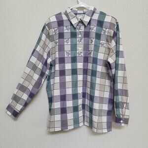 Alfred Dunner Button Up Shirt Womens 14 Floral Check Plaid Purple Embroidered